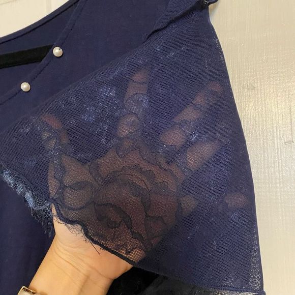 Alyx Navy Blue Lace Short Sleeve Shirt Pearl Embroidered Blouse Size 2XL, XXL - Picture 4 of 9